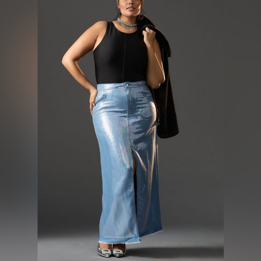 Free Market By Flying Tomato Shimmering Denim Long Pencil Skirt